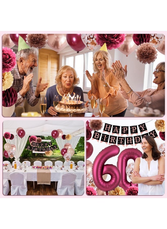 Dadoudou - 60Th Birthday Decorations Women Dadoudou 60Th Birthday Party Decorations Burgundy Happy Birthday Party Decorations With Confetti Balloons Paper Pompoms - Image 1