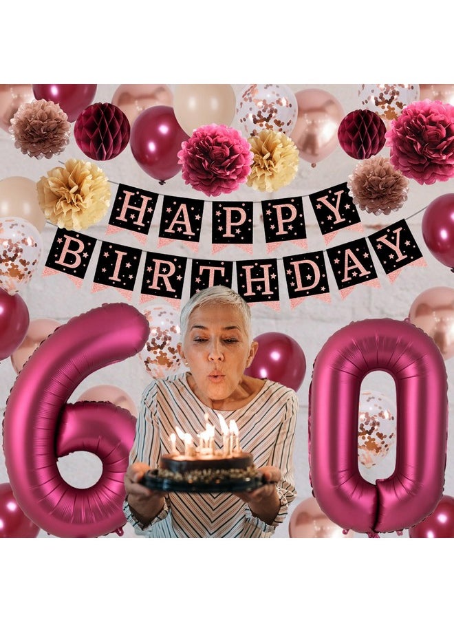 Dadoudou - 60Th Birthday Decorations Women Dadoudou 60Th Birthday Party Decorations Burgundy Happy Birthday Party Decorations With Confetti Balloons Paper Pompoms - Image 1