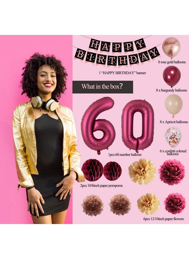 Dadoudou - 60Th Birthday Decorations Women Dadoudou 60Th Birthday Party Decorations Burgundy Happy Birthday Party Decorations With Confetti Balloons Paper Pompoms - Image 1