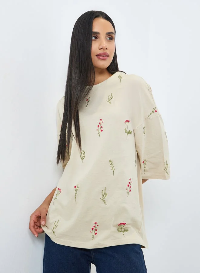 Styli Beige Embroidered 100% Cotton Oversized T-Shirt
