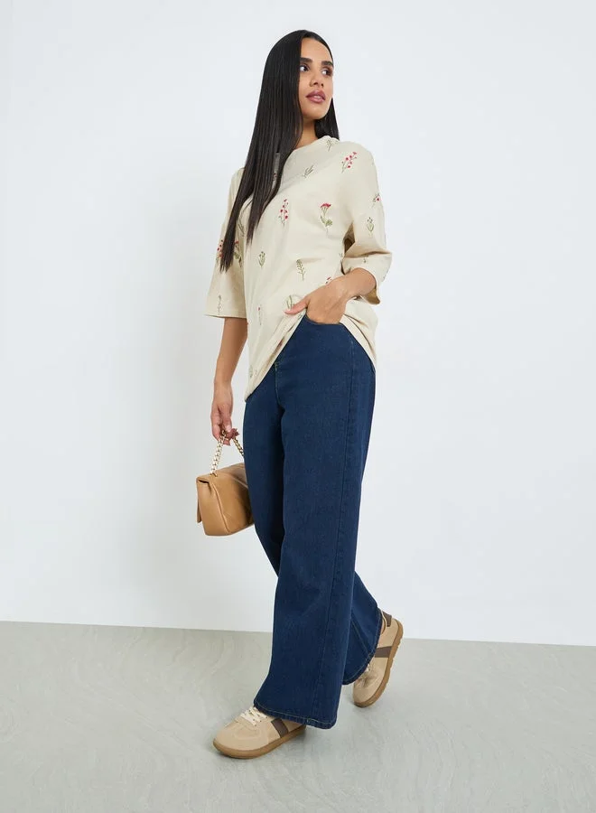 Styli Beige Embroidered 100% Cotton Oversized T-Shirt