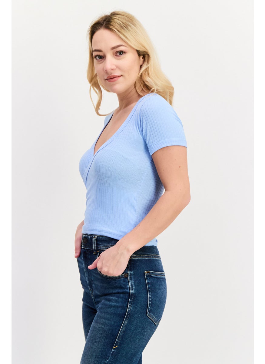 UNDIZ - Women Surplice Neck Short Sleeve Ribbed Blouse, Blue - Image 1
