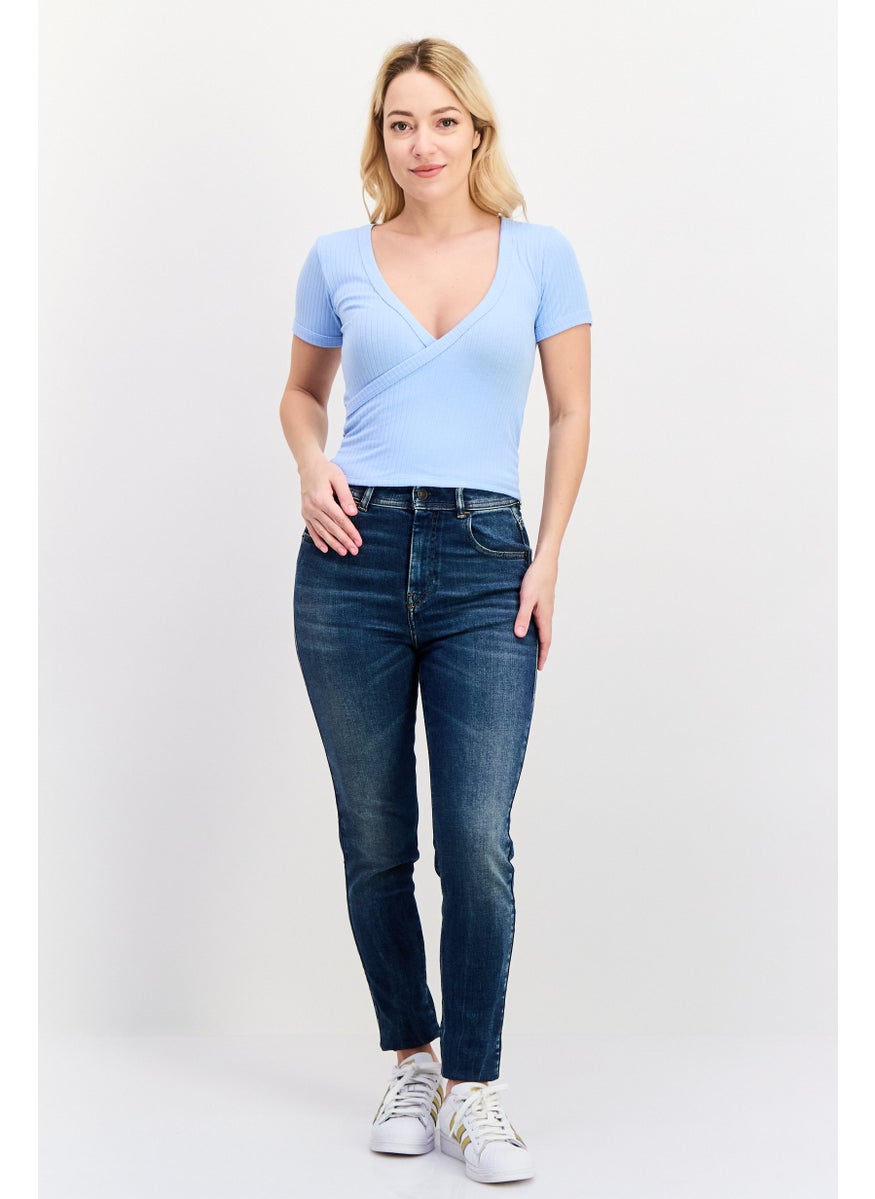 UNDIZ - Women Surplice Neck Short Sleeve Ribbed Blouse, Blue - Image 1
