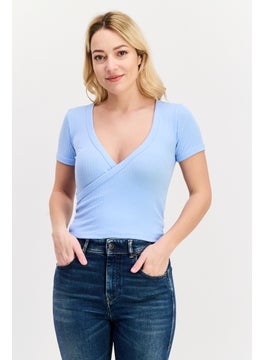 Women Surplice Neck Short Sleeve Ribbed Blouse, Blue