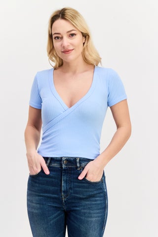 Women Surplice Neck Short Sleeve Ribbed Blouse, Blue - pzsku/Z14CA98F35D4F22628F68Z/45/1746229249/694e9f7c-7959-4563-9ee6-46512d3f5afb