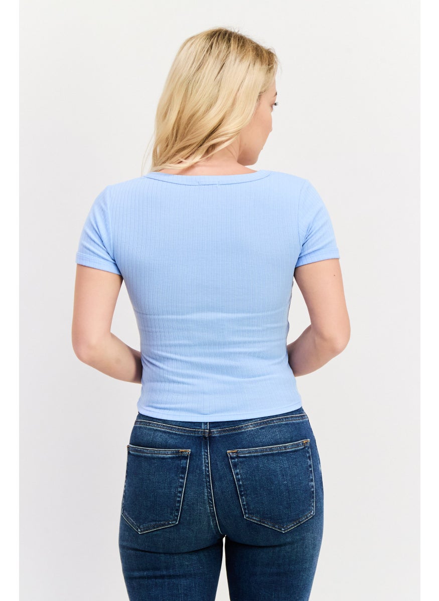 UNDIZ - Women Surplice Neck Short Sleeve Ribbed Blouse, Blue - Image 1