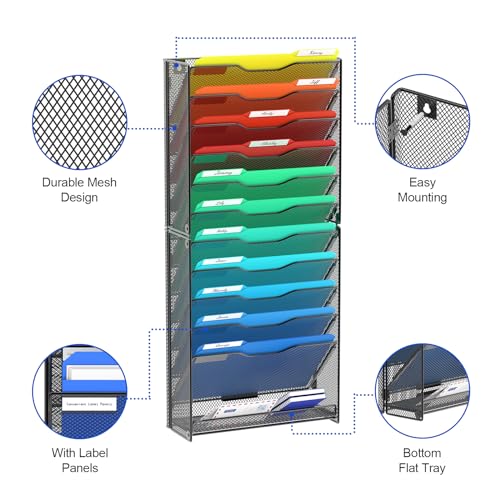 samstar 12 Tier Wall File Organizer, Hanging Wall Mount File Holder Paper Folder Mail Organizer, Mesh Metal, Black. - Image 3