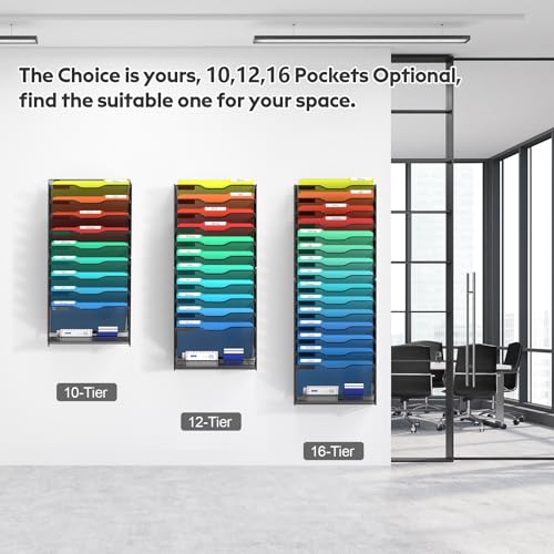 samstar 12 Tier Wall File Organizer, Hanging Wall Mount File Holder Paper Folder Mail Organizer, Mesh Metal, Black. - Image 5