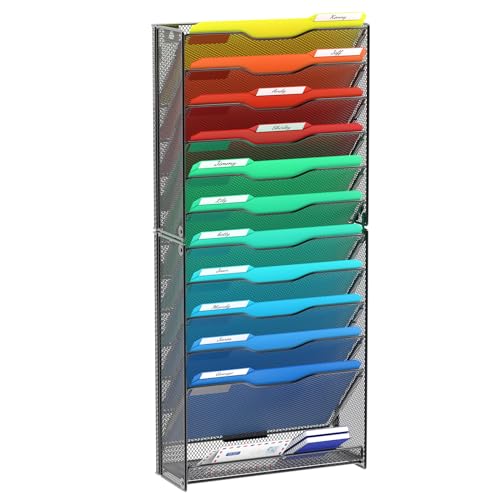 samstar 12 Tier Wall File Organizer, Hanging Wall Mount File Holder Paper Folder Mail Organizer, Mesh Metal, Black. - Image 1