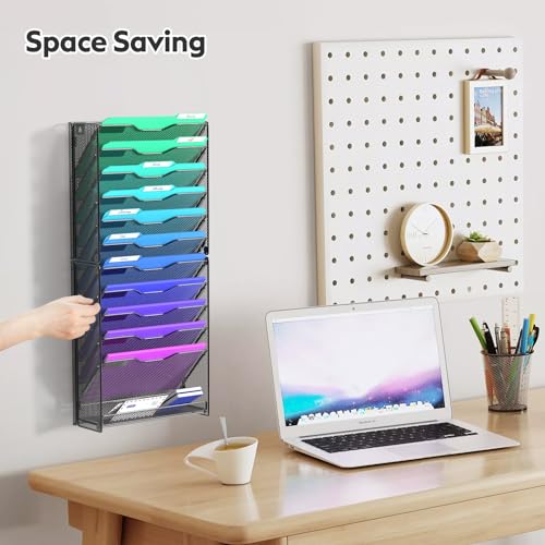 samstar 12 Tier Wall File Organizer, Hanging Wall Mount File Holder Paper Folder Mail Organizer, Mesh Metal, Black. - Image 2