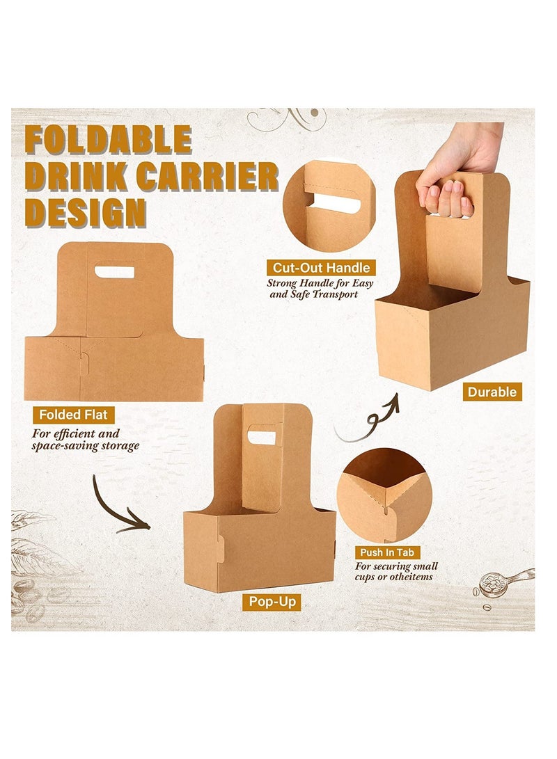 Excefore Disposable Kraft Paperboard Small Drink Carrier, 2 Cup Drink Holder With Handles, Take out Cup Carriers to Go Coffee Cup Holder for Restaurants Food Delivery(50PCS) - Image 3