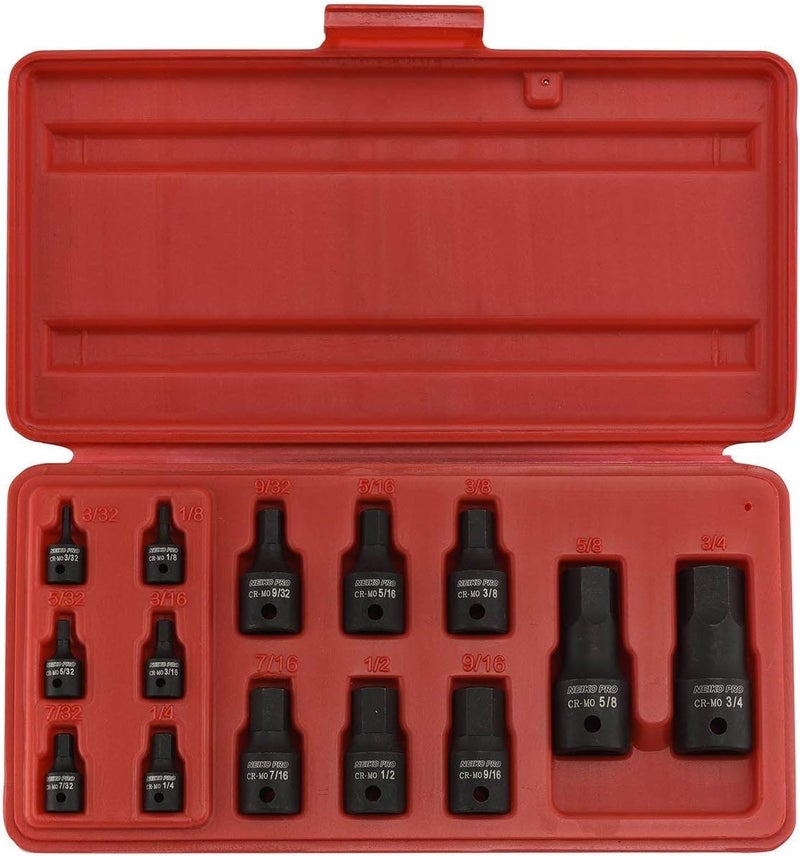 NEIKO 01142B Allen Bit Socket Set 14 Piece SAE 332 to 34 14 38 and 12 Drive CrMo Impact Grade