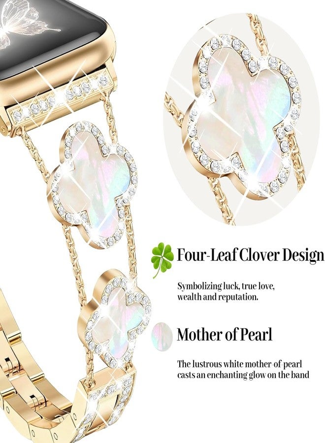 MOINSPIRE Gold Bling Diamond Clover Bands & 2Pc Bracelet Set Women Compatible with Apple Watch 40mm 38mm 41mm 42mm(S10) Cute Sparkle Bracelet Dressy Metal Strap for iWatch Series SE/10/9/8/7/6/5/4/3/2 - Image 2