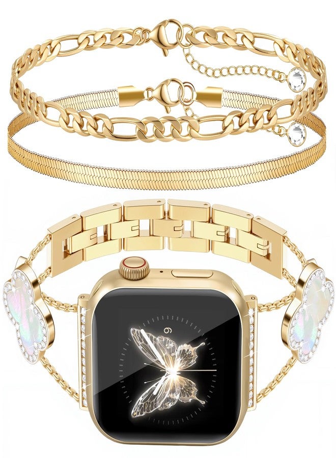 MOINSPIRE Gold Bling Diamond Clover Bands & 2Pc Bracelet Set Women Compatible with Apple Watch 40mm 38mm 41mm 42mm(S10) Cute Sparkle Bracelet Dressy Metal Strap for iWatch Series SE/10/9/8/7/6/5/4/3/2 - Image 1