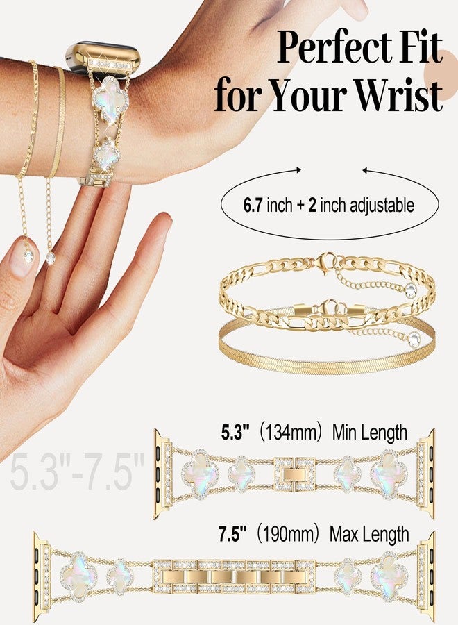 MOINSPIRE Gold Bling Diamond Clover Bands & 2Pc Bracelet Set Women Compatible with Apple Watch 40mm 38mm 41mm 42mm(S10) Cute Sparkle Bracelet Dressy Metal Strap for iWatch Series SE/10/9/8/7/6/5/4/3/2 - Image 5