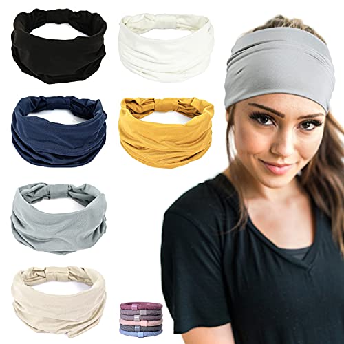 GiLi 6 Pack Wide Headbands for Women Non Slip Soft Elastic Hair Bands Yoga Running Sports Workout Gym Head Wraps, Knotted Cotton Cloth African Turbans Bandana (with 6 Pcs Hair Ties) - Image 1