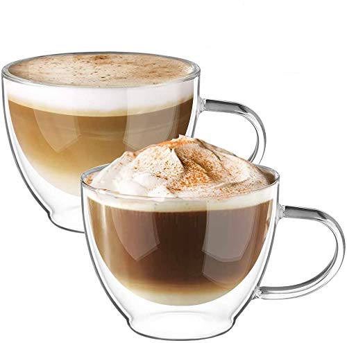 ecooe 2x350ml Double Walled Coffee Glasses Mugs Cappuccino Latte Macchiato Glasses Cups with Handle Borosilicate Heat Resistant Glass Cups for Coffee Tea Milk Juice Ice Cream