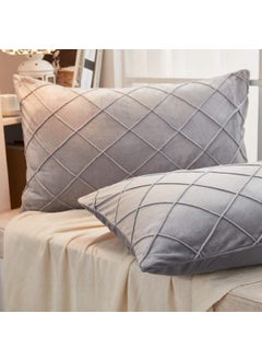 AMICA AMICA Luxurious Diamond Pinch Pleated Crystal Velvet Pillowcases Solid Pintuck Throw Cushion Cover for Home Decor Hidden Zipper Closure (Gray, 20'' X 36'' Inch)  - Image 3