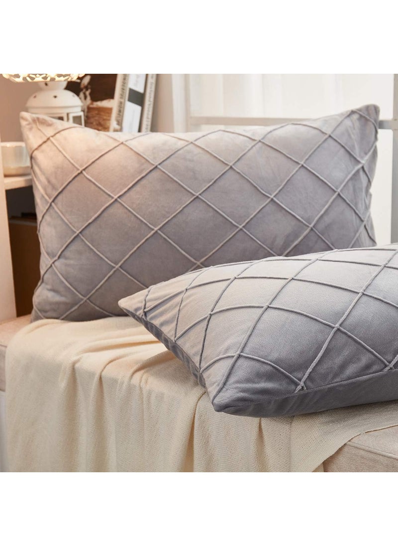 AMICA AMICA Luxurious Diamond Pinch Pleated Crystal Velvet Pillowcases Solid Pintuck Throw Cushion Cover for Home Decor Hidden Zipper Closure (Gray, 20'' X 36'' Inch)  - Image 3