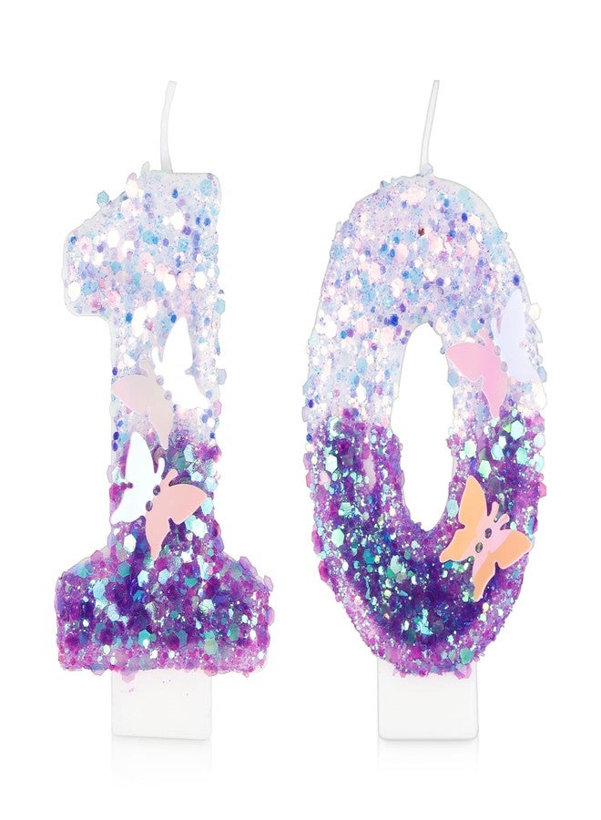 YIRAN Birthday Candles Number 10 Candle, Butterfly 10th Birthday Decorations for Women/Girl, Purple Happy Birthday Candle for Cake, Handmade Sequin Numeral Candle Wedding Cake Topper Anniversary Party Decor - Image 1