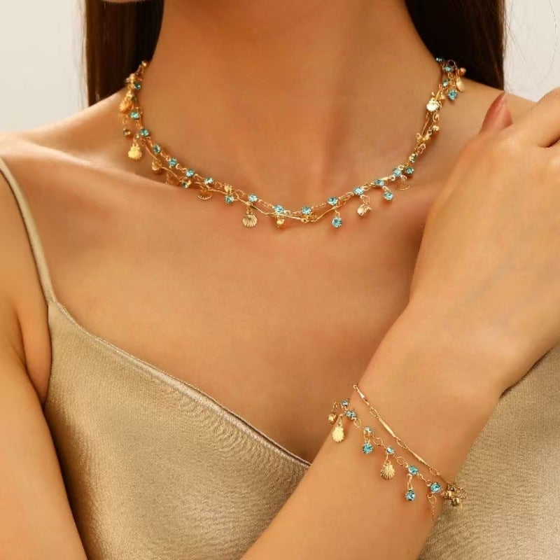 ofeankri Vintage Tassel Blue Zircon Gold Shell Necklace with Bracelet - Versatile Accessory for Dresses - Image 1