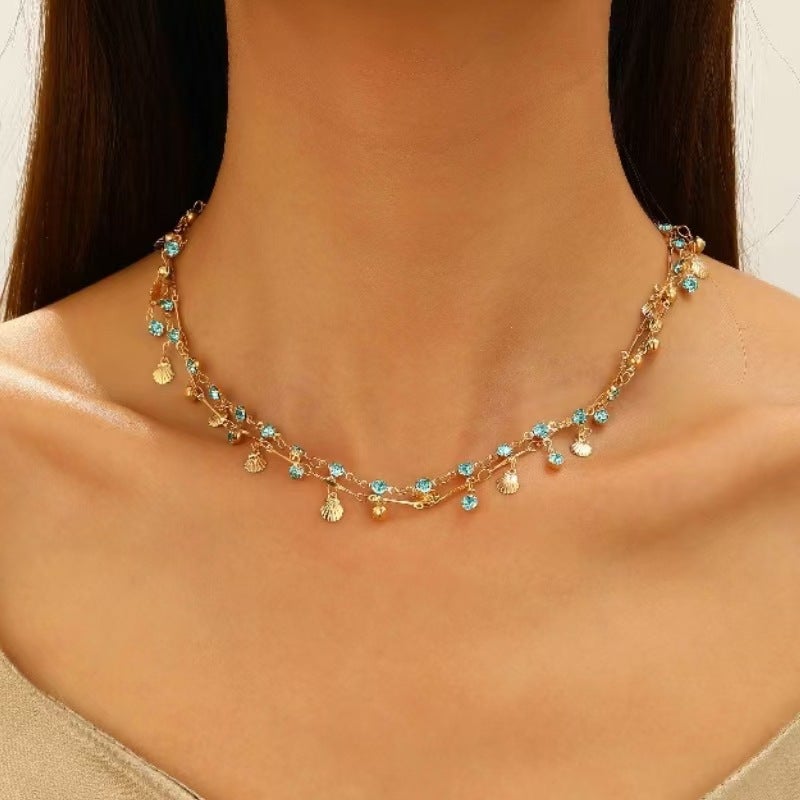 ofeankri Vintage Tassel Blue Zircon Gold Shell Necklace with Bracelet - Versatile Accessory for Dresses - Image 2
