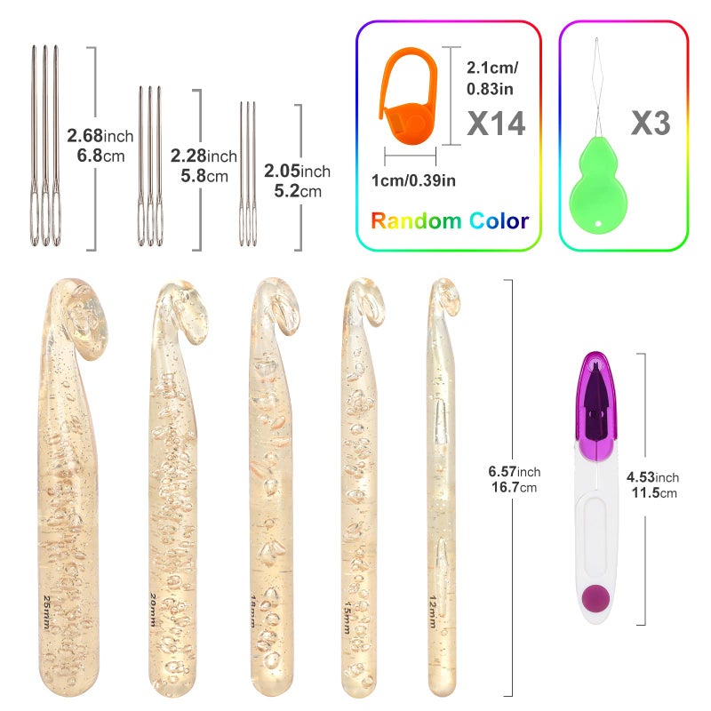 Vodiye 5 Sizes Large Crochet Hooks 12mm-25mm, Ergonomic Crochet Hook Set, Transparent Hooks for Chunky Yarn and DIY Crafts - Image 3