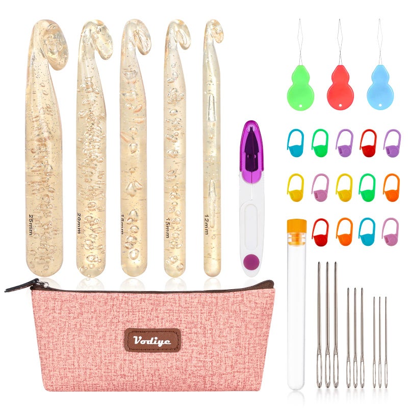 Vodiye 5 Sizes Large Crochet Hooks 12mm-25mm, Ergonomic Crochet Hook Set, Transparent Hooks for Chunky Yarn and DIY Crafts - Image 1