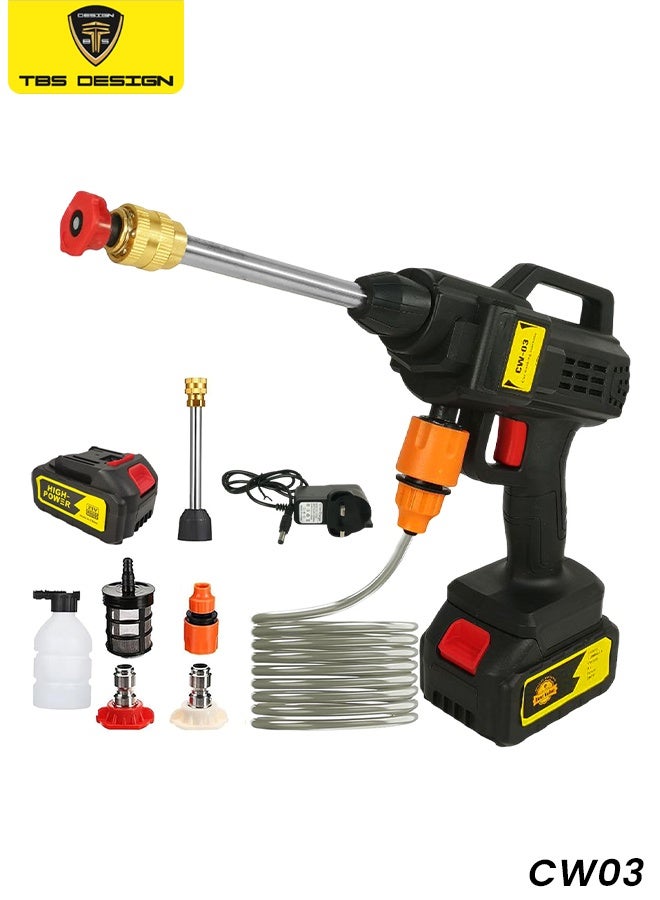 TBS DESIGN Cordless High Pressure Car Washer, Portable Power Washer Gun with Rechargeable Battery, Multi-Spray Nozzles, Foam Bottle, 3-in-1 Adjustable Jet, 5M Water Hose, Strong Water Suction from Bucket/River, Car Bike Patio Home Cleaning Machine, CW03 - Image 1