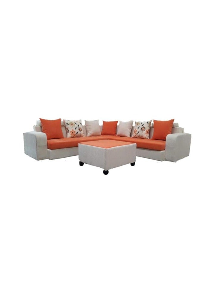 Ripple FURNITURE Corner Sofa Set With Table And Pillows,Orange Seats White Body 