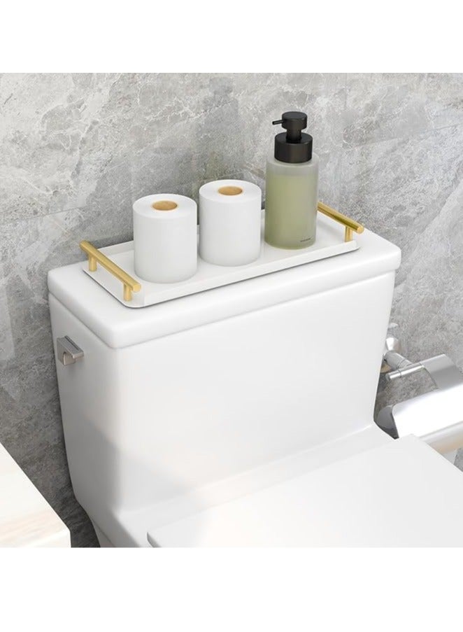 عربست سلة ورق التواليت، صينية خزان المرحاض من الفولاذ المقاوم للصدأ مع مقبض للتنظيم - تخزين سلة ورق التواليت لخزان المرحاض والحمام ومنضدة المطبخ (أبيض + ذهبي) - Image 2