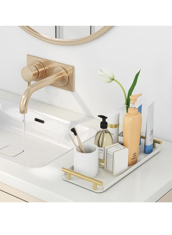 عربست سلة ورق التواليت، صينية خزان المرحاض من الفولاذ المقاوم للصدأ مع مقبض للتنظيم - تخزين سلة ورق التواليت لخزان المرحاض والحمام ومنضدة المطبخ (أبيض + ذهبي) - Image 4