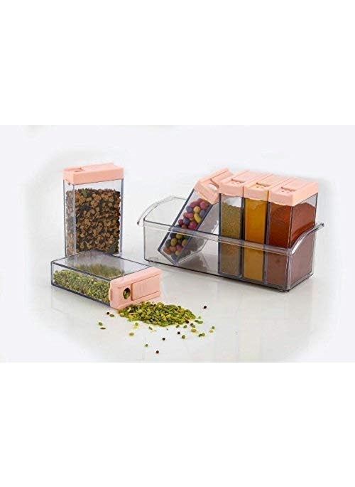 Nexellar - Nexellar Spice Rack 6 Lid Container Set Spice Shaker Jars Seasoning Box Condiment jar Storage Container with Tray for Salt Sugar Cruet Pepper 6 in 1 Rack Crystal lid Piece for Kitchen - Image 1