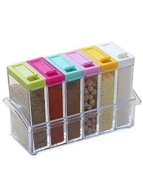 Nexellar Spice Rack 6 Lid Container Set Spice Shaker Jars Seasoning Box Condiment jar Storage Container with Tray for Salt Sugar Cruet Pepper 6 in 1 Rack Crystal lid Piece for Kitchen