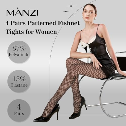 MANZI 4 Pairs Patterned Tights for Women Fishnet Stocking - Image 4