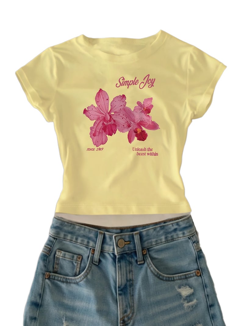 00008 - Women'S Casual Top English Letter Petal Print Girly Heart Sweet Cool American Style Ins Hot Summer T - Shirt - CC75 - 【Light Yellow】 / XS - Image 1