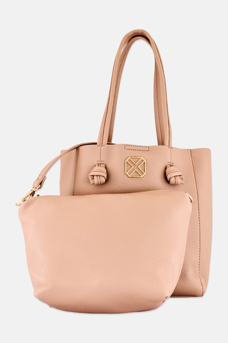 Xti Women 2 Pieces Metal Logo Handbag With Pouch Set, Tan - Image 1