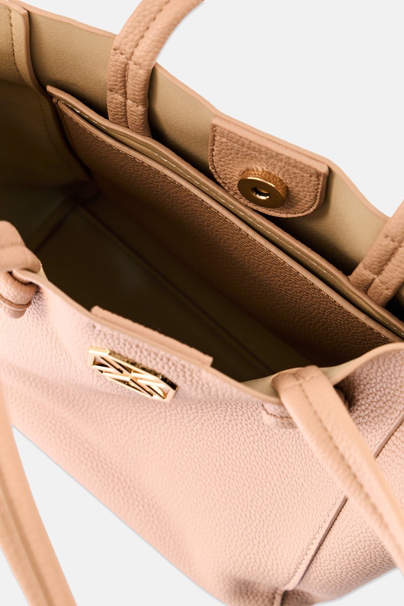 Xti Women 2 Pieces Metal Logo Handbag With Pouch Set, Tan - Image 4