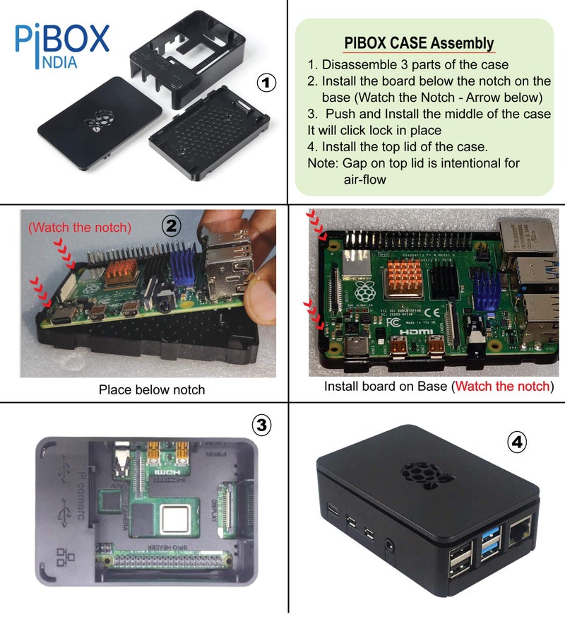 PiBOX India for Raspberry Pi 4 Case 1Gb, 2GB, 4GB, 8GB Black, Raspberry Pi 4 Case with air vents, with logo top screwless modular design, ports access Raspberry Pi 4 Model B, Pi 4B, Pi 4,Camera and Ports ABS (Black) - Image 2