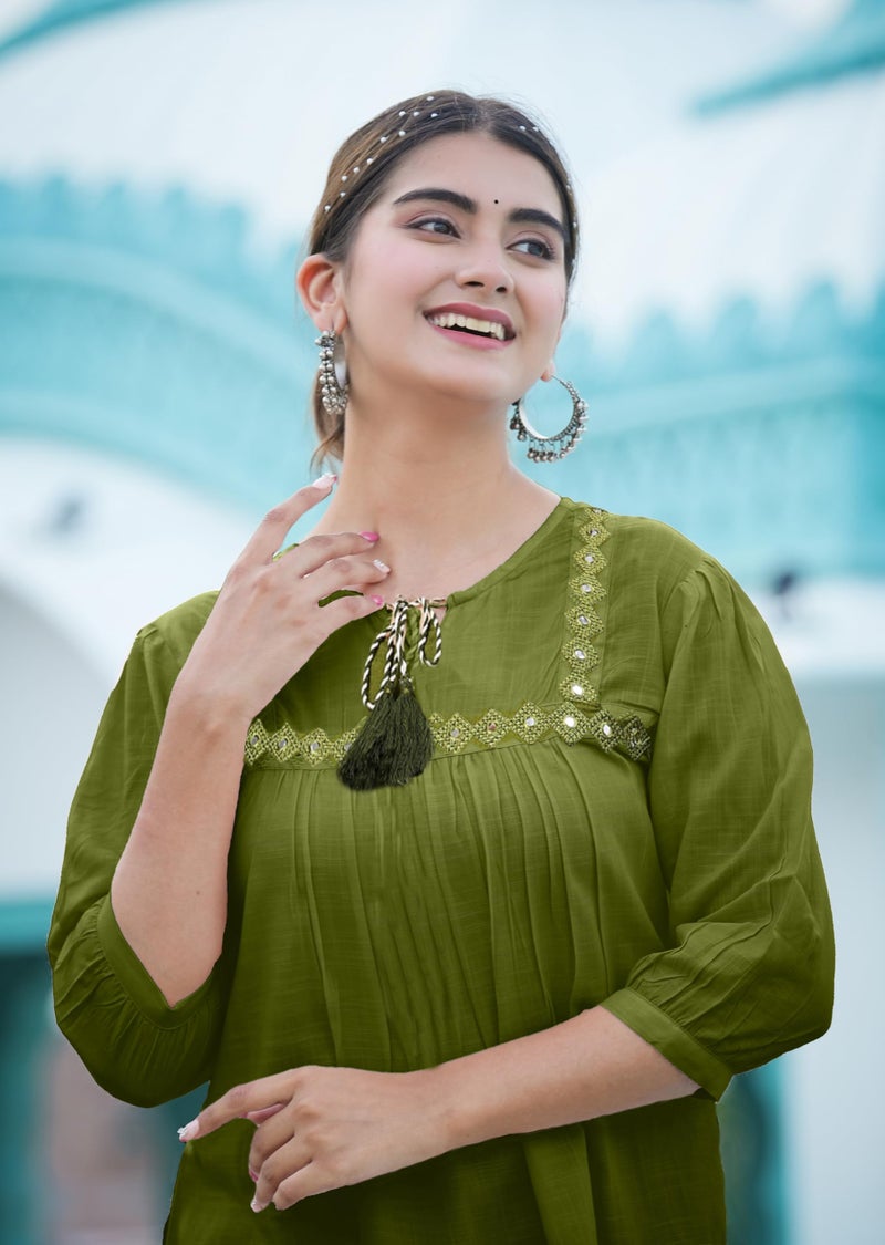 Yash Gallery Women's Cotton Embroidered Regular Waist Length 3/4 Sleeves Keyhole Neck Top (Green, Medium) - Image 2
