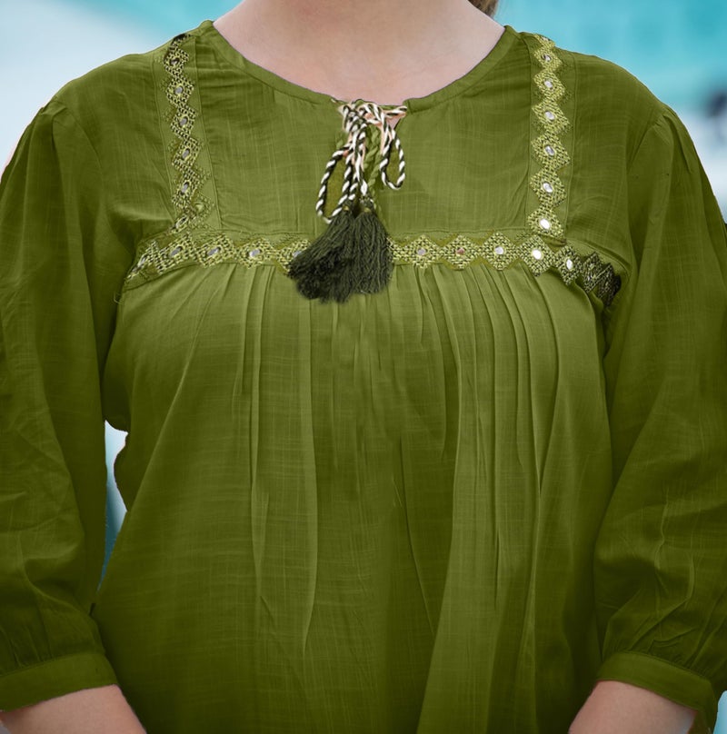 Yash Gallery Women's Cotton Embroidered Regular Waist Length 3/4 Sleeves Keyhole Neck Top (Green, Medium) - Image 5