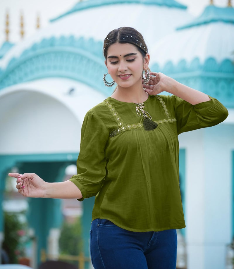 Yash Gallery Women's Cotton Embroidered Regular Waist Length 3/4 Sleeves Keyhole Neck Top (Green, Medium) - Image 3
