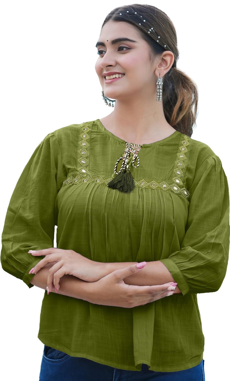 Yash Gallery Women's Cotton Embroidered Regular Waist Length 3/4 Sleeves Keyhole Neck Top (Green, Medium) - Image 1