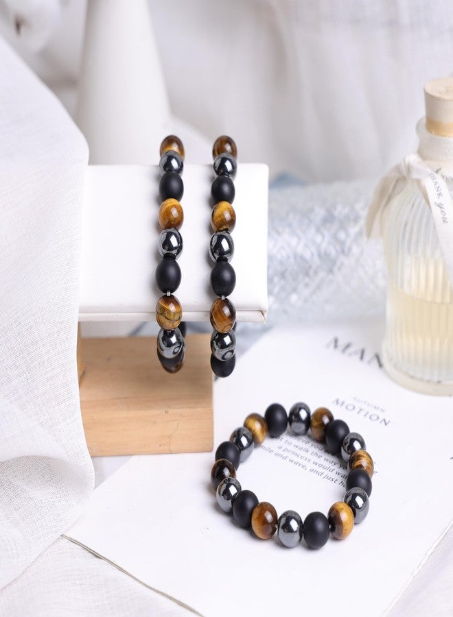 SUNYIK 12mm Triple Protection Bracelet for Men Women, Natural Tiger Eye Black Obsidian Hematite Stone Bead Bracelet, Healing Crystal Bracelet for Luck and Prosperity - Image 4