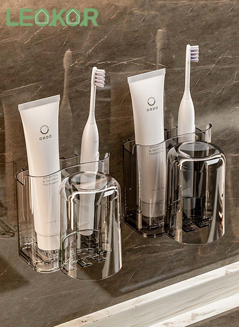 LEOKOR 2 PCS Toothbrush Holders with Cups for Bathroom Wall Mounted Bathroom Shelf No Drill Tooth Brush Toothpaste Razor Organiser - Image 1