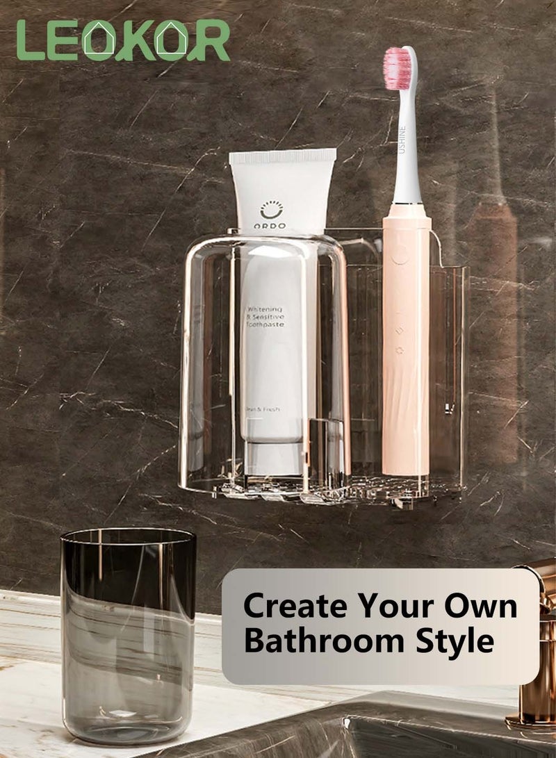 LEOKOR 2 PCS Toothbrush Holders with Cups for Bathroom Wall Mounted Bathroom Shelf No Drill Tooth Brush Toothpaste Razor Organiser - Image 3