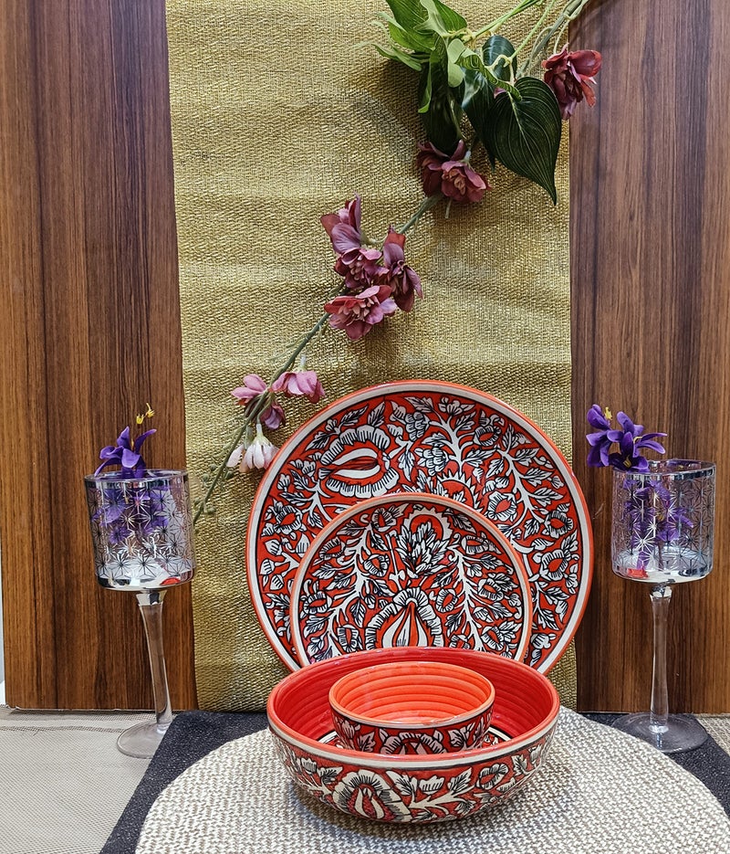 Caffeine Ceramic Handmade Red Mughal Combo Dinner Set (Set of 4pcs) - Image 1