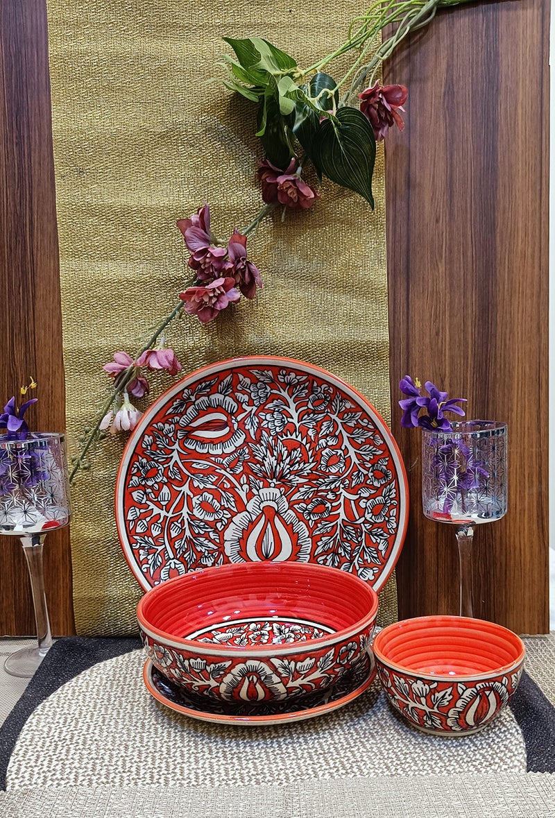 Caffeine Ceramic Handmade Red Mughal Combo Dinner Set (Set of 4pcs) - Image 2
