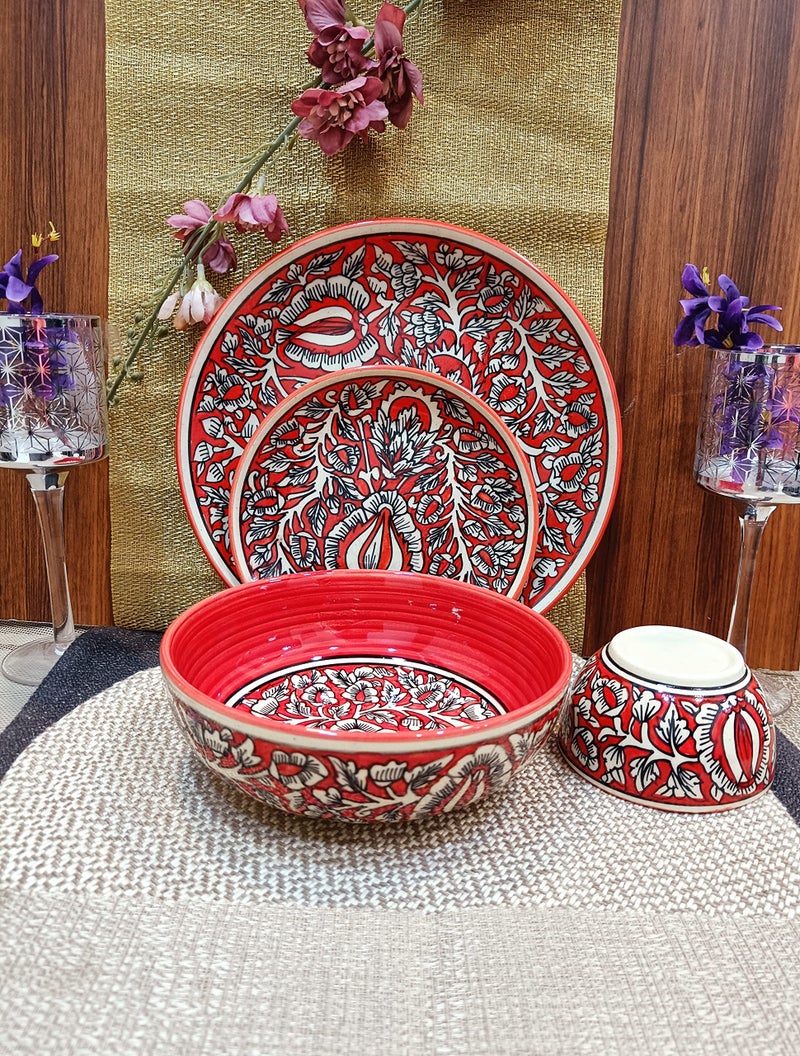 Caffeine Ceramic Handmade Red Mughal Combo Dinner Set (Set of 4pcs) - Image 3