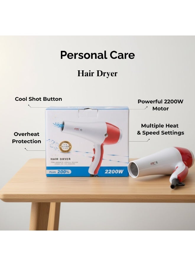 مجفف شعر، محرك تيار متردد قوي ٢٢٠٠ واط، تقنية أيونية خالية من التجعد، مجفف شعر سريع الجفاف مع ٣ إعدادات للحرارة/سرعتين، نفخة باردة وحماية من الحرارة الزائدة | مثالي للاستخدام في المنزل وصالونات التجميل - Image 1